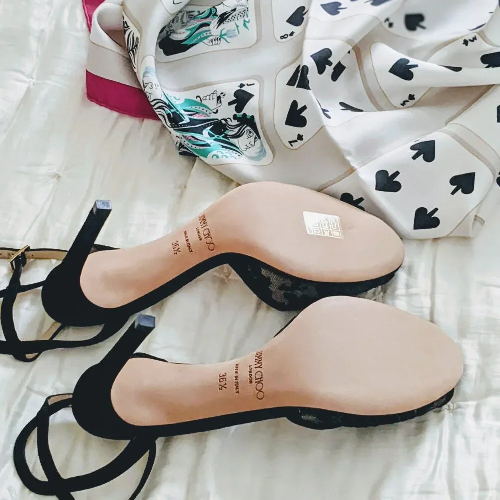 NWT, Jimmy Choo Sacora 85 Black Suede and Lace Peep Toe Ankle Strap Sandals - Picture 8 of 13